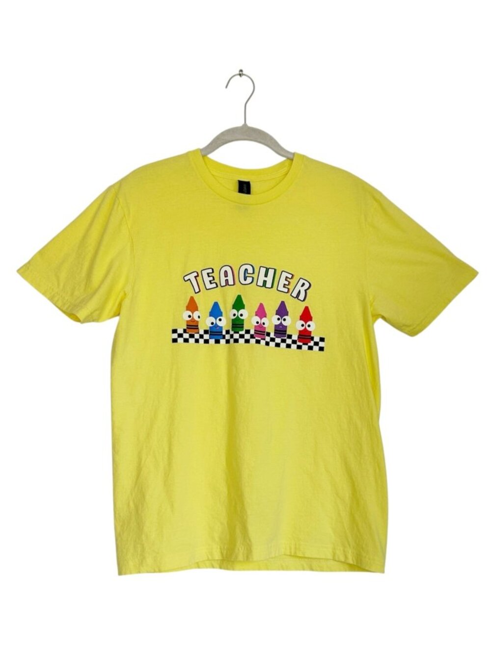Gildan Women's Teacher Crayon Graphic Short Sleeve T-Shirt in Yellow - Sz M